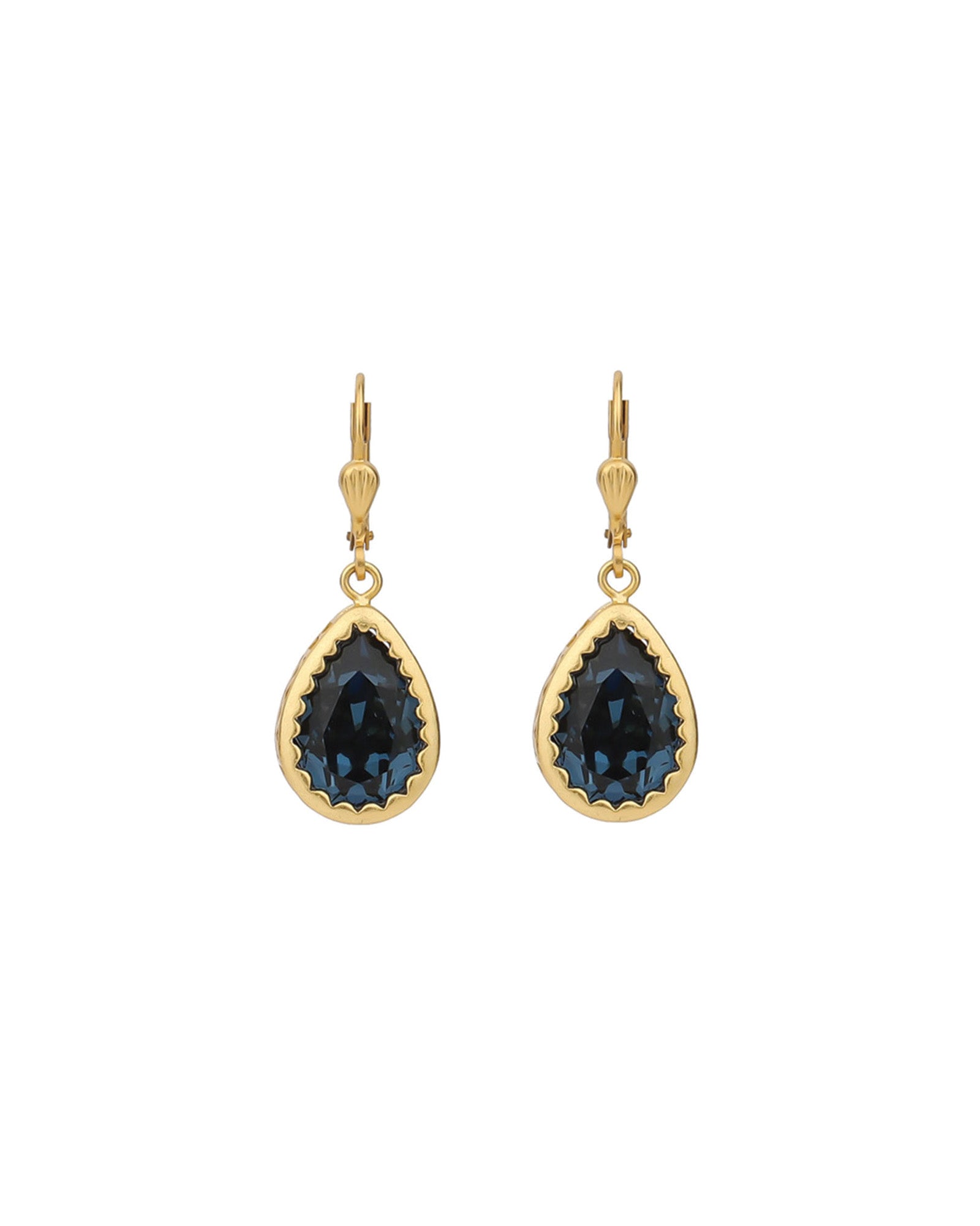 La Vie Parisienne-Filigree Bezel Teardrop Hooks-Earrings-14k Gold Plated, Midnight Crystal-Blue Ruby Jewellery-Vancouver Canada