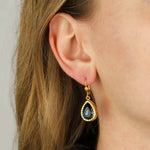 Filigree Bezel Teardrop Hooks 14k Gold Plated, Midnight Crystal
