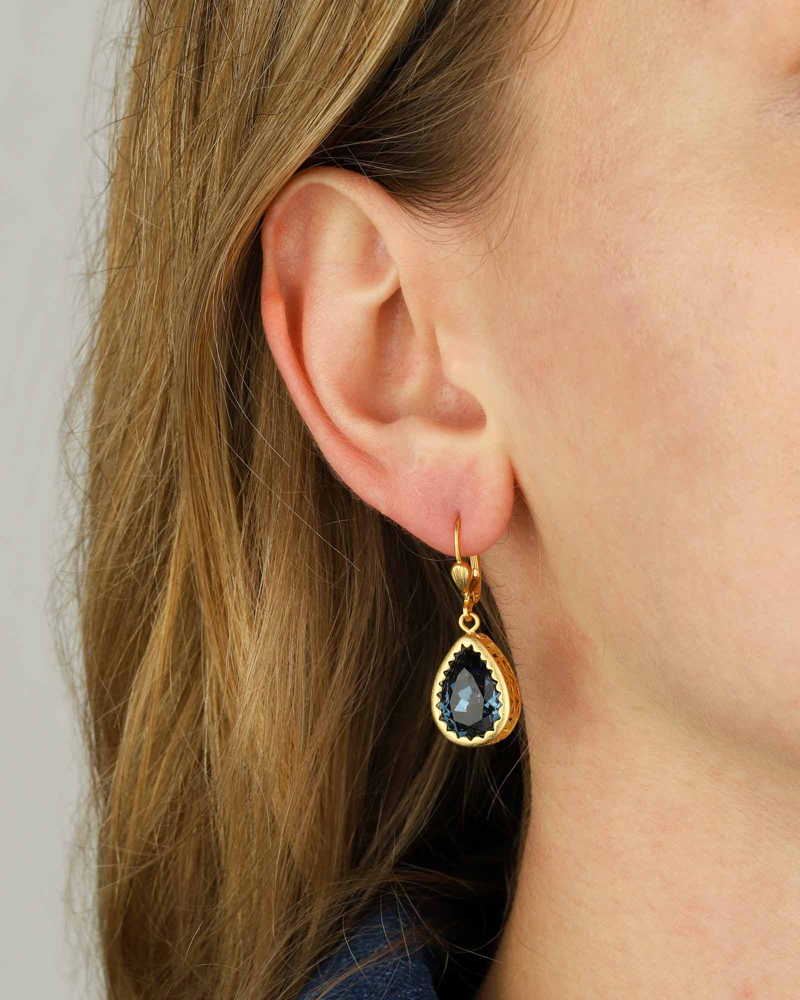 Filigree Bezel Teardrop Hooks 14k Gold Plated, Midnight Crystal