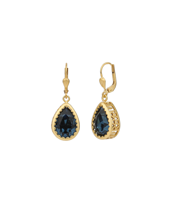 La Vie Parisienne-Filigree Bezel Teardrop Hooks-Earrings-14k Gold Plated, Midnight Crystal-Blue Ruby Jewellery-Vancouver Canada