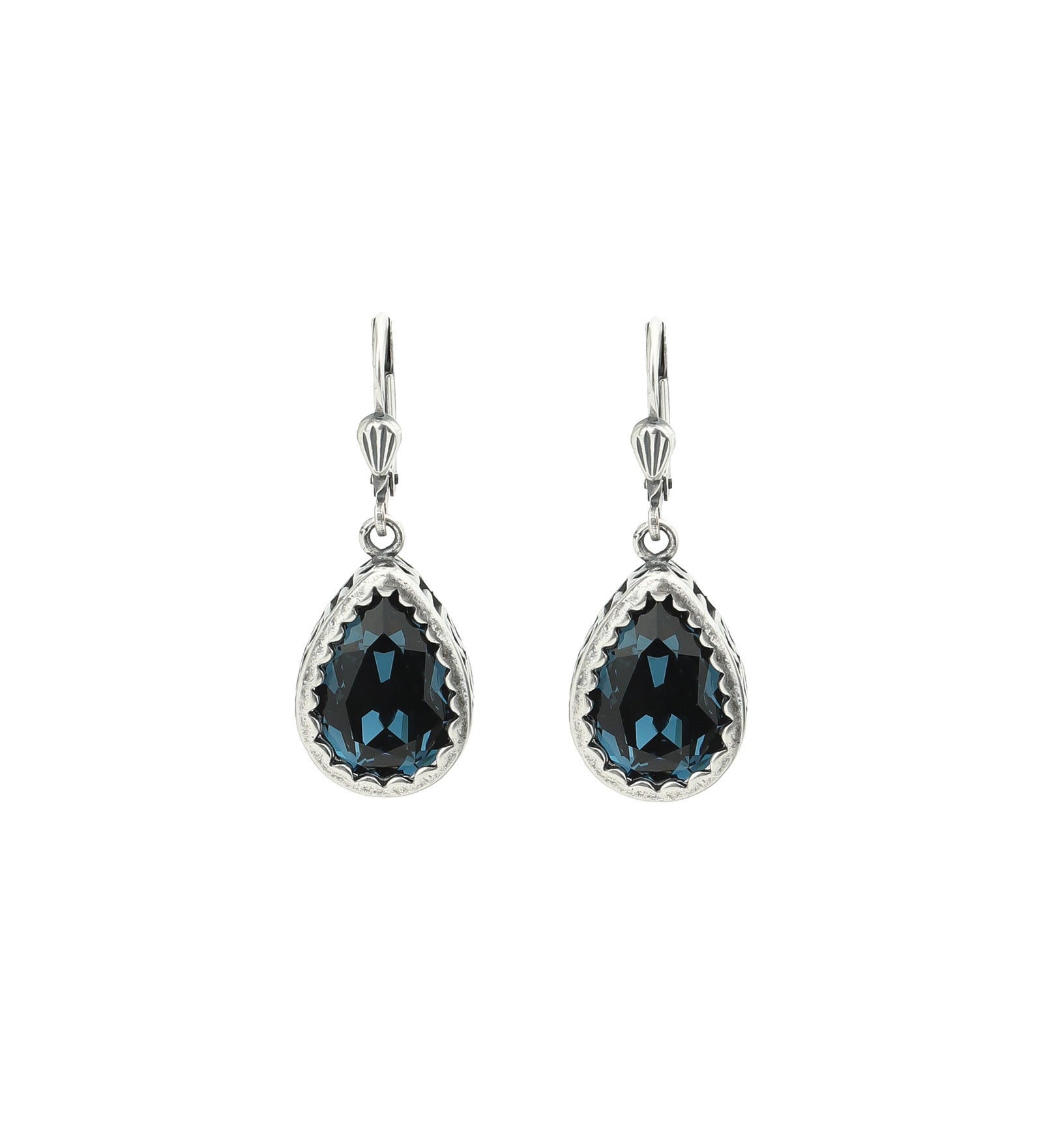 La Vie Parisienne-Filigree Bezel Teardrop Hooks-Earrings-Silver Plated, Midnight Crystal-Blue Ruby Jewellery-Vancouver Canada