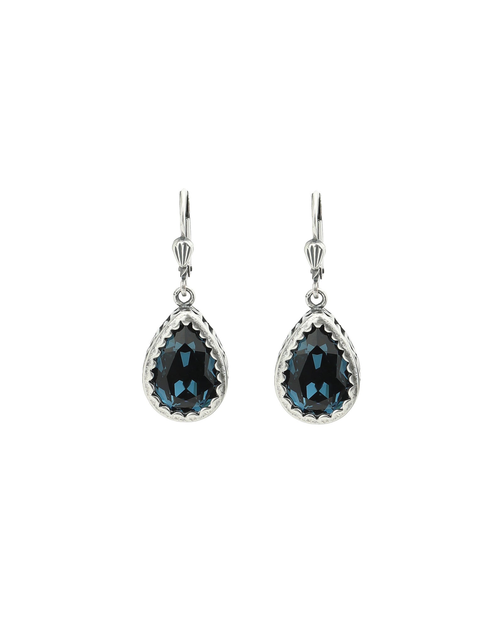 La Vie Parisienne-Filigree Bezel Teardrop Hooks-Earrings-Silver Plated, Midnight Crystal-Blue Ruby Jewellery-Vancouver Canada