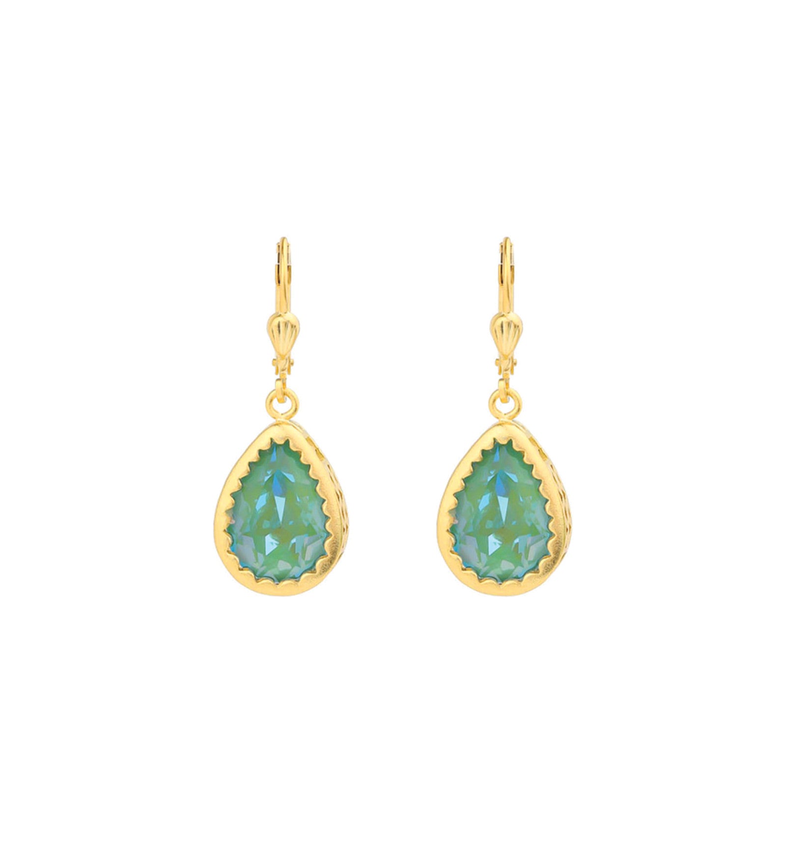 La Vie Parisienne-Filigree Bezel Teardrop Hooks-Earrings-14k Gold Plated, Silky Sage Crystal-Blue Ruby Jewellery-Vancouver Canada