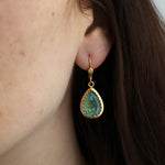 La Vie Parisienne-Filigree Bezel Teardrop Hooks-Earrings-14k Gold Plated, Sage Crystal-Blue Ruby Jewellery-Vancouver Canada