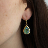 La Vie Parisienne-Filigree Bezel Teardrop Hooks-Earrings-14k Gold Plated, Sage Crystal-Blue Ruby Jewellery-Vancouver Canada