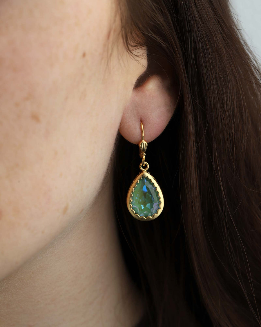 La Vie Parisienne-Filigree Bezel Teardrop Hooks-Earrings-14k Gold Plated, Sage Crystal-Blue Ruby Jewellery-Vancouver Canada