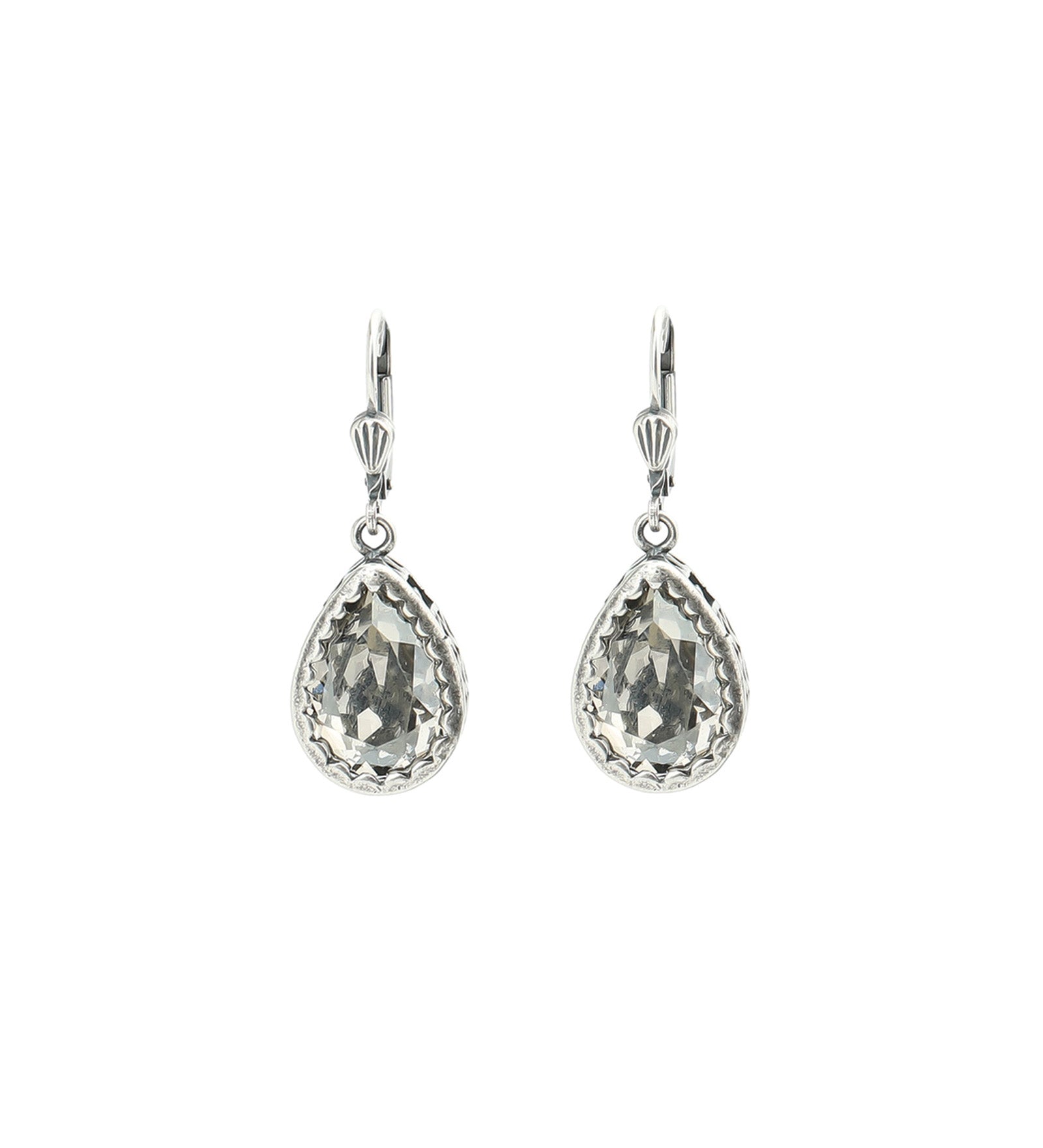 La Vie Parisienne-Filigree Bezel Teardrop Hooks-Earrings-Silver Plated, Shade Crystal-Blue Ruby Jewellery-Vancouver Canada