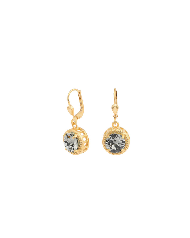 La Vie Parisienne-Dot Bezel Round Crystal Hooks-Earrings-14k Gold Plated, Black Diamond Crystal-Blue Ruby Jewellery-Vancouver Canada