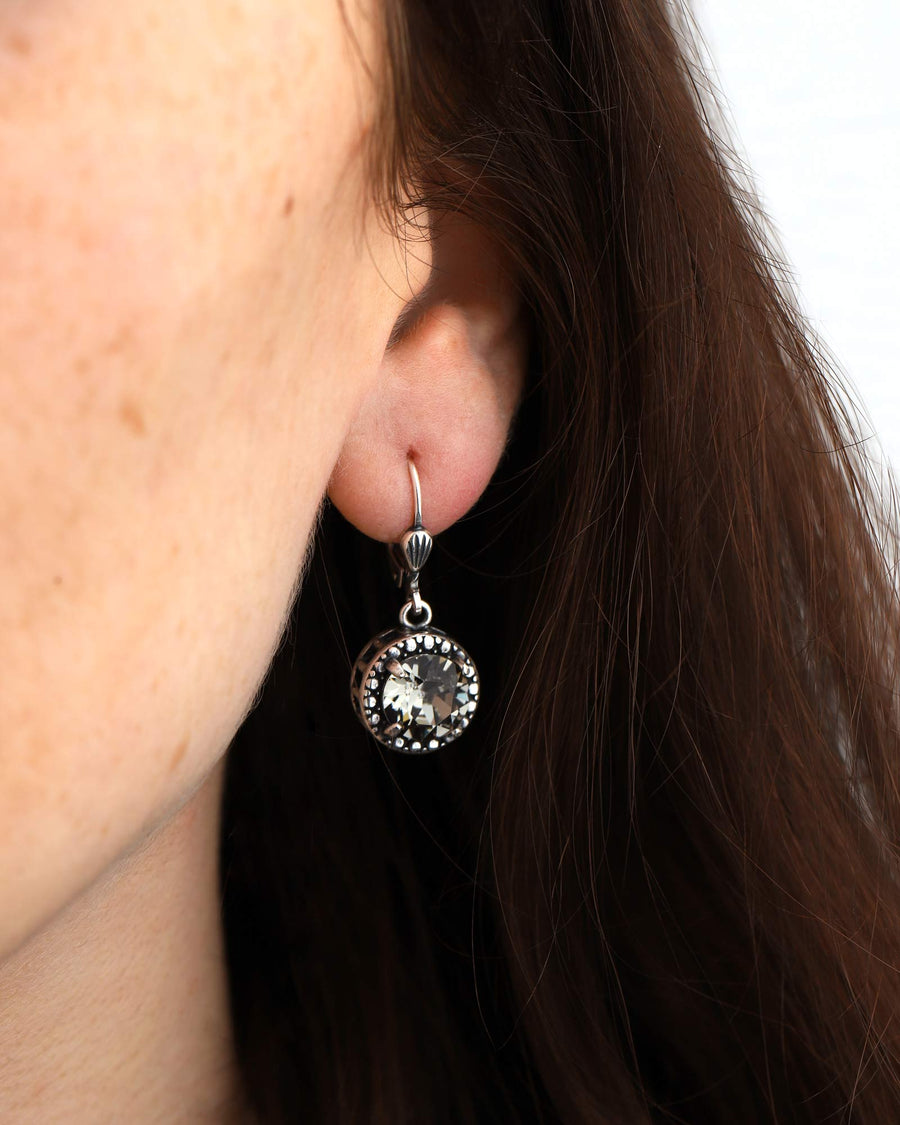 La Vie Parisienne-Dot Bezel Round Crystal Hooks-Earrings-Silver Plated, Black Diamond Crystal-Blue Ruby Jewellery-Vancouver Canada