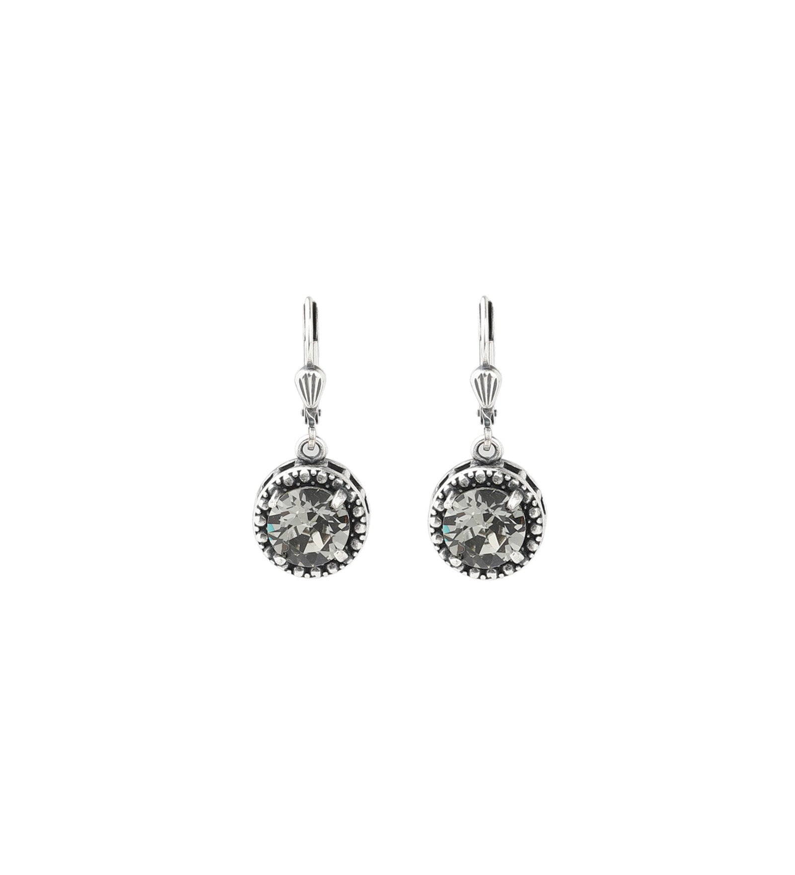 La Vie Parisienne-Dot Bezel Round Crystal Hooks-Earrings-Silver Plated, Black Diamond Crystal-Blue Ruby Jewellery-Vancouver Canada