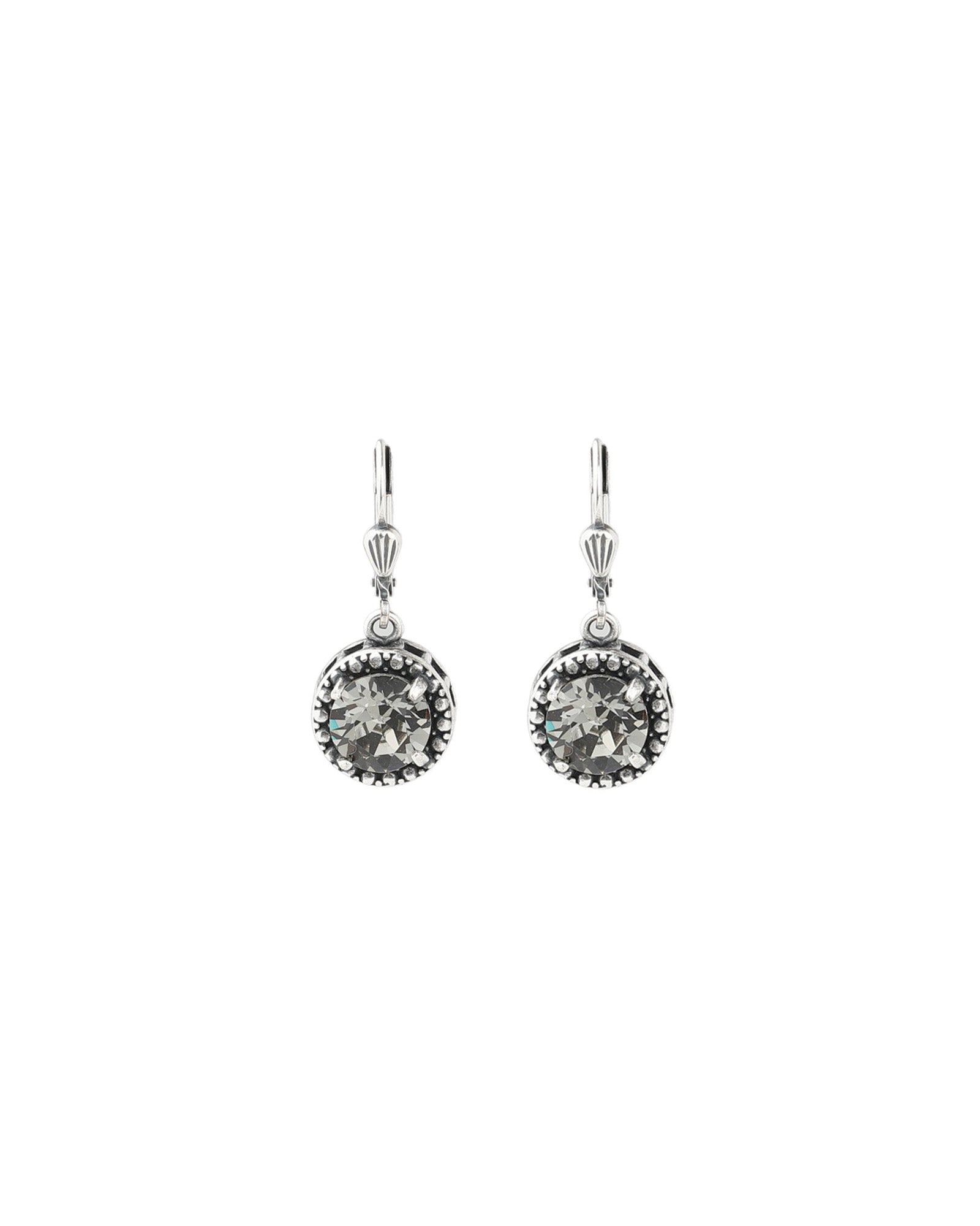 La Vie Parisienne-Dot Bezel Round Crystal Hooks-Earrings-Silver Plated, Black Diamond Crystal-Blue Ruby Jewellery-Vancouver Canada