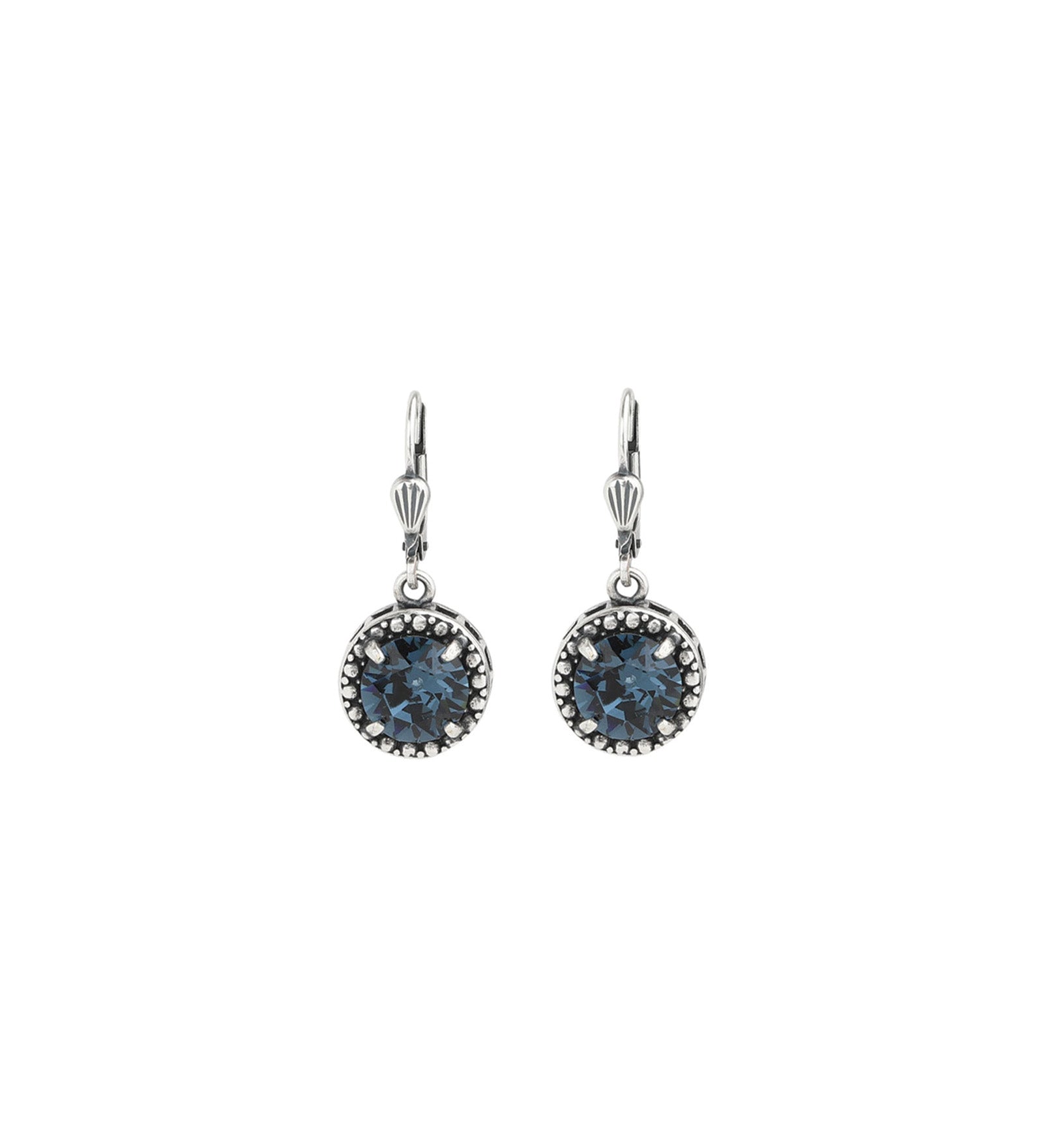La Vie Parisienne-Dot Bezel Round Crystal Hooks-Earrings-Silver Plated, Midnight Crystal-Blue Ruby Jewellery-Vancouver Canada