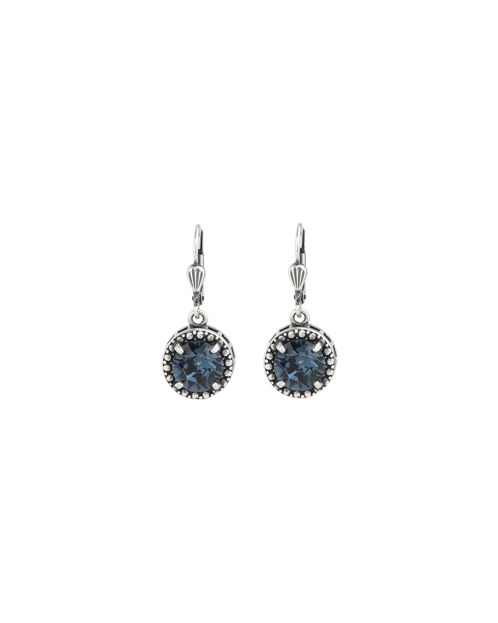 La Vie Parisienne-Dot Bezel Round Crystal Hooks-Earrings-Silver Plated, Midnight Crystal-Blue Ruby Jewellery-Vancouver Canada