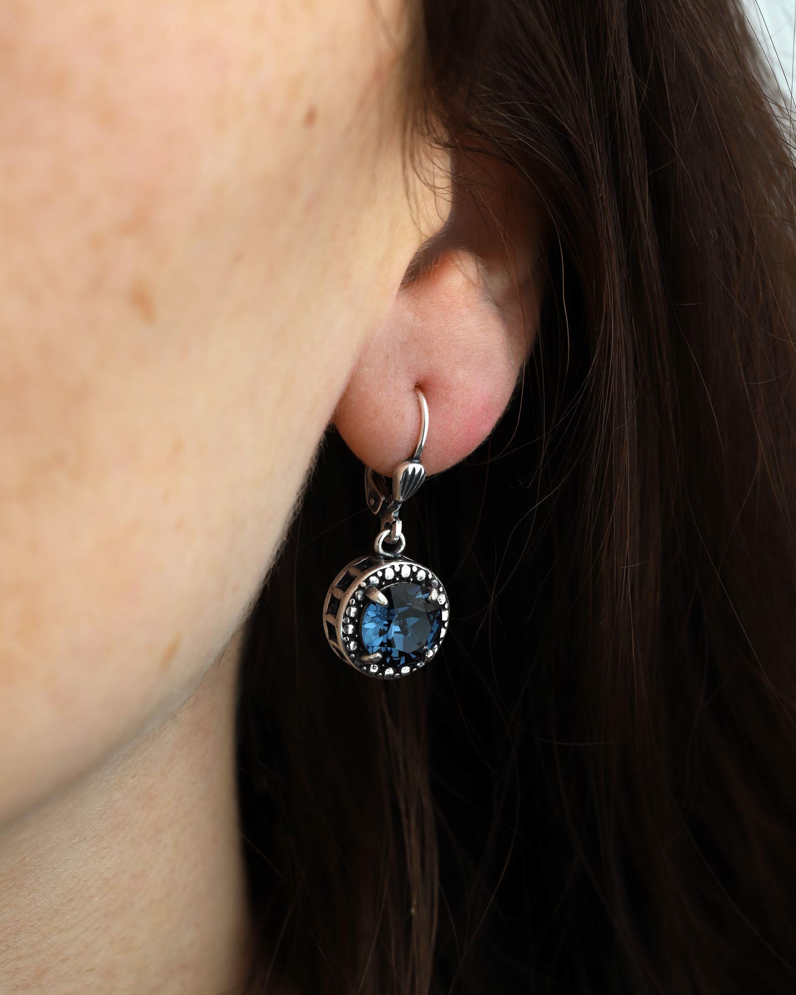 La Vie Parisienne-Dot Bezel Round Crystal Hooks-Earrings-Silver Plated, Midnight Crystal-Blue Ruby Jewellery-Vancouver Canada