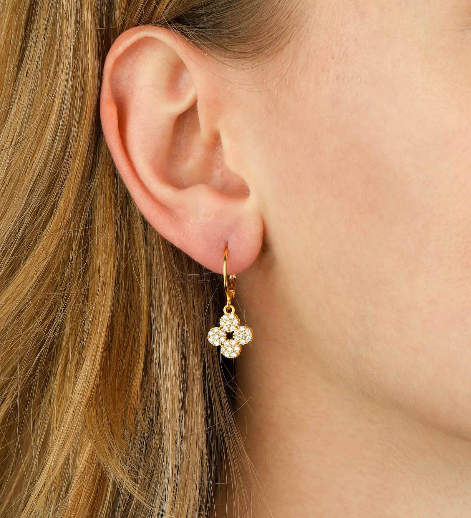 Pave Flower Hooks 14k Gold Plated, White Crystal
