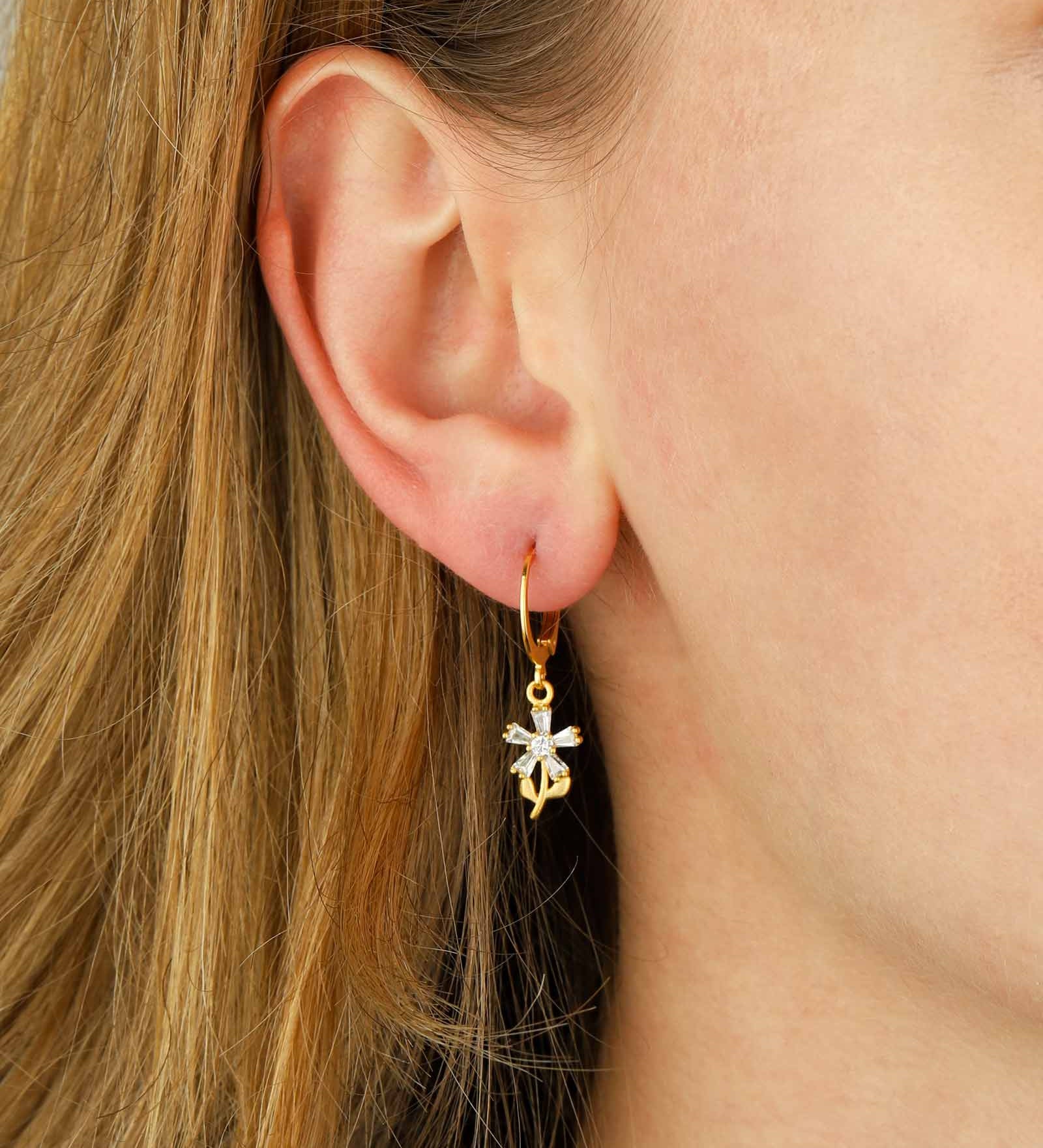 Baguette Flower Hooks 14k Gold Plated, White Crystal