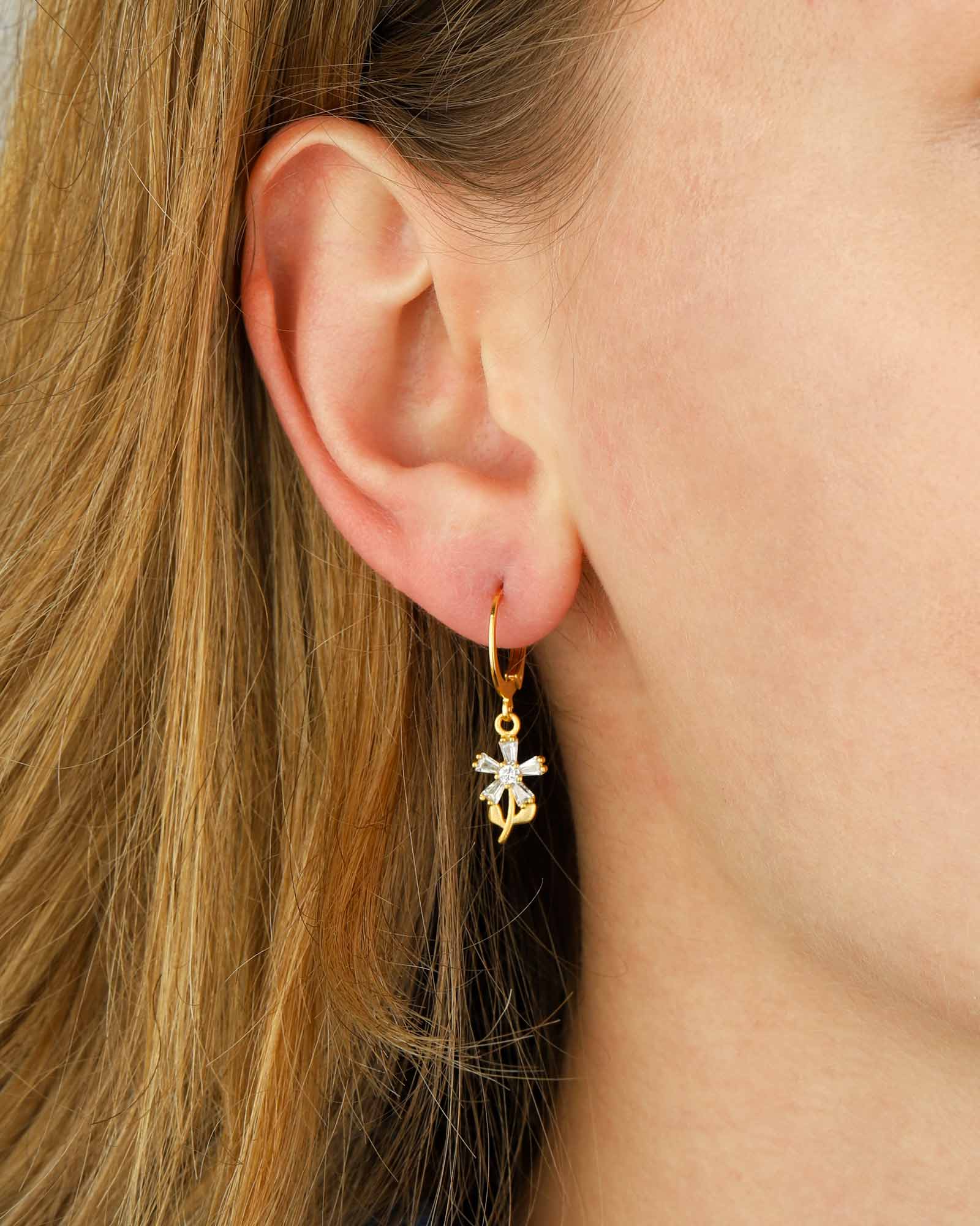 Baguette Flower Hooks 14k Gold Plated, White Crystal