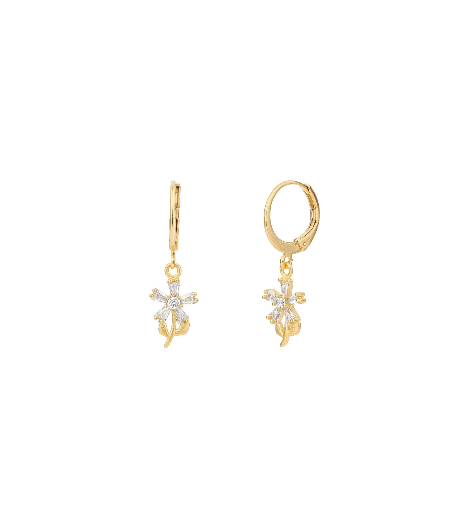 Baguette Flower Hooks 14k Gold Plated, White Crystal