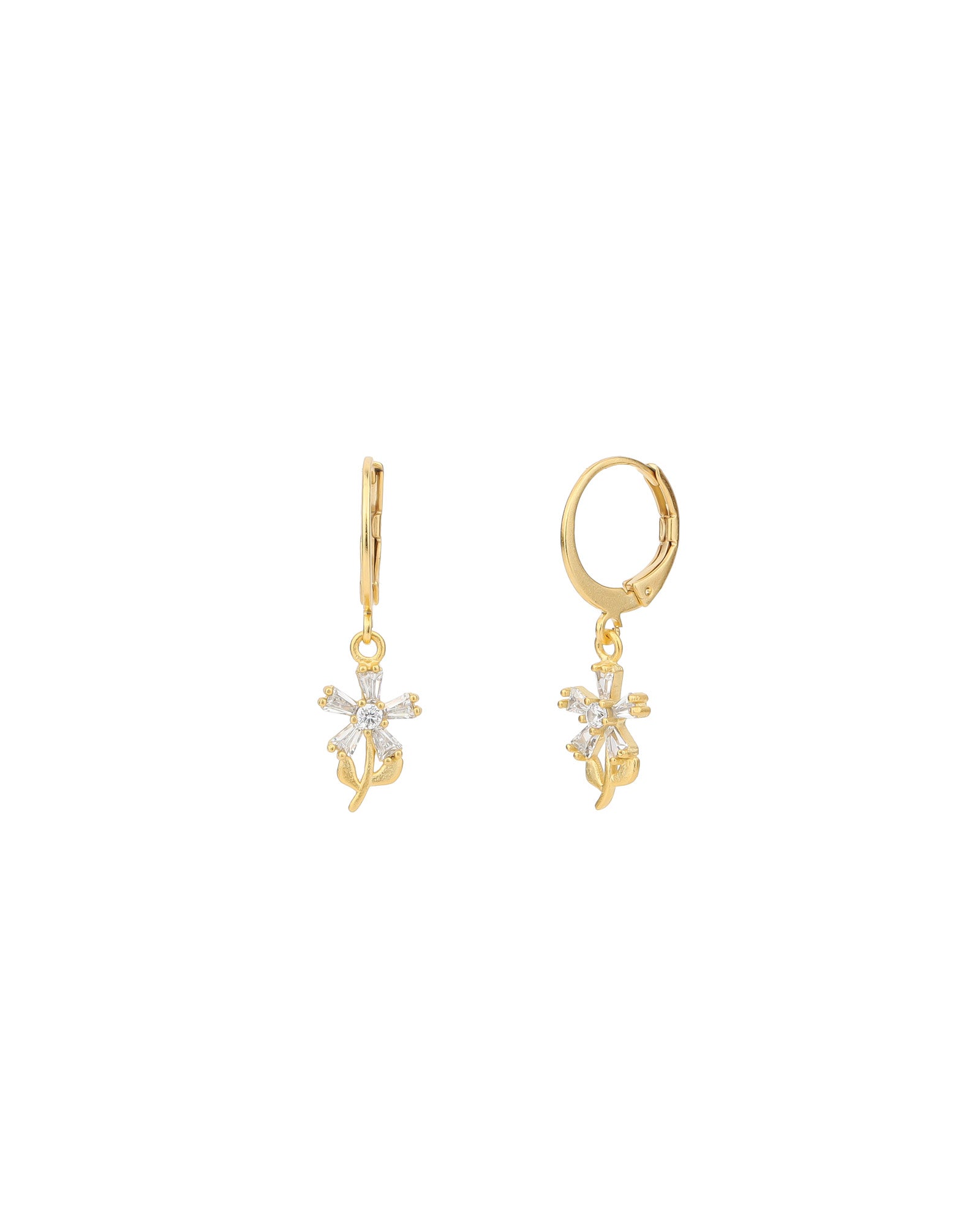Baguette Flower Hooks 14k Gold Plated, White Crystal