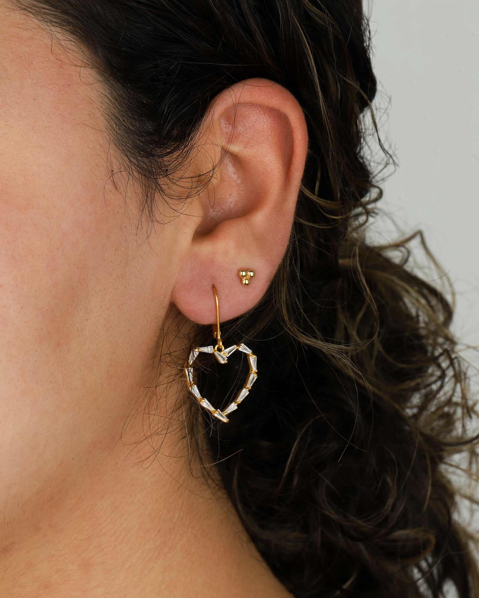 Baguette Heart Open Hooks 14k Gold Plated, White Crystal