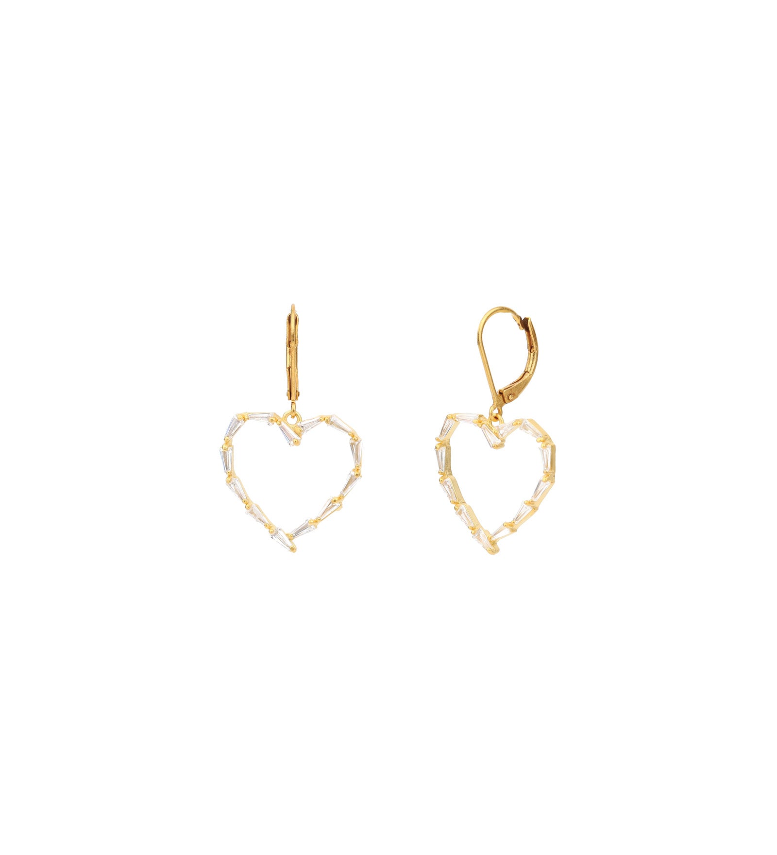 Baguette Heart Open Hooks 14k Gold Plated, White Crystal
