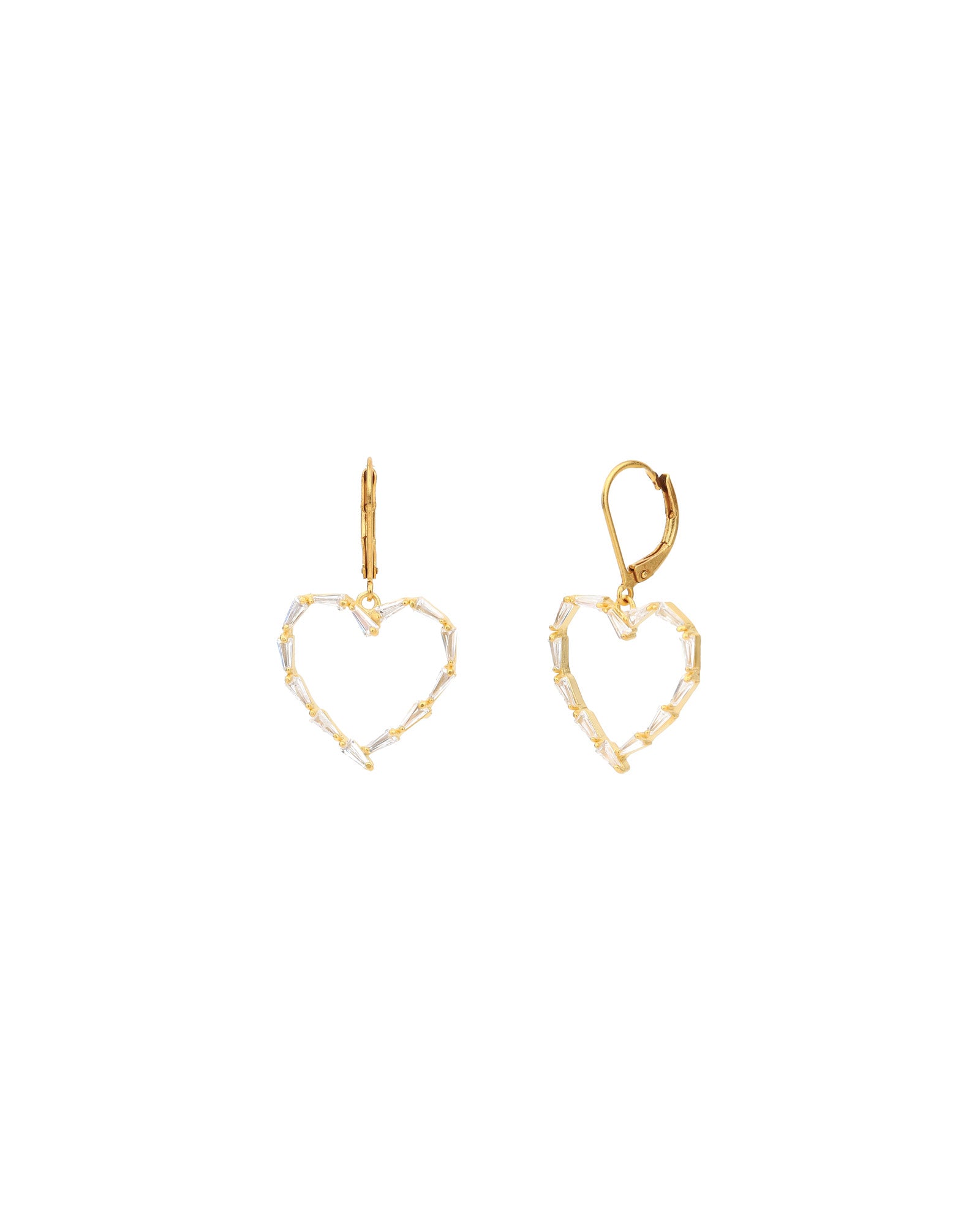 Baguette Heart Open Hooks 14k Gold Plated, White Crystal