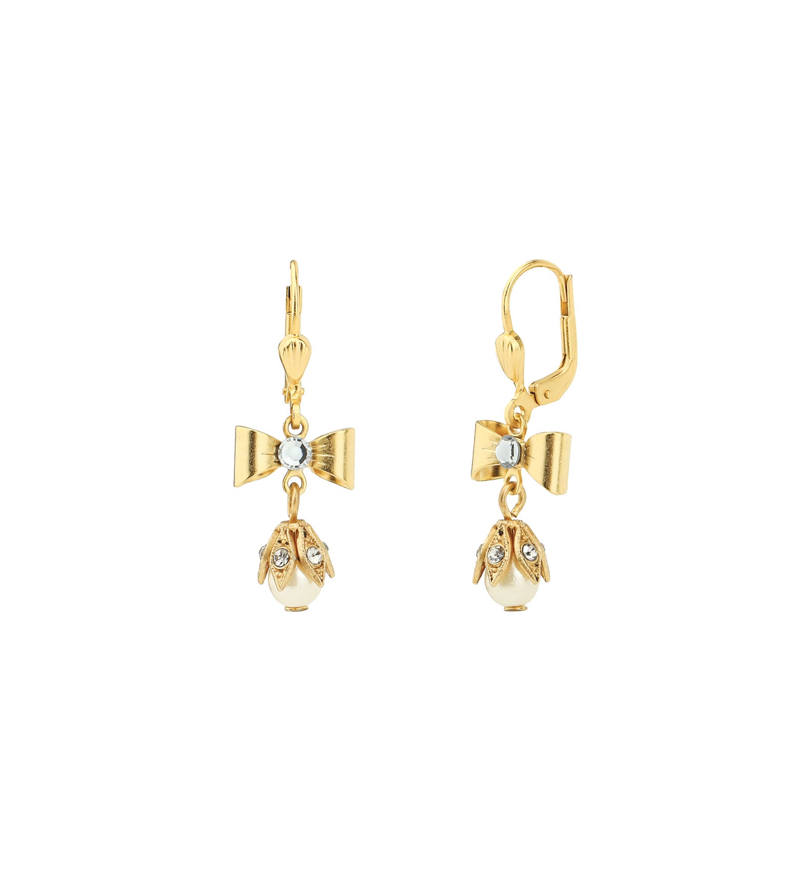 Bow Pearl Drop Hooks 14k Gold Plated, White Pearl