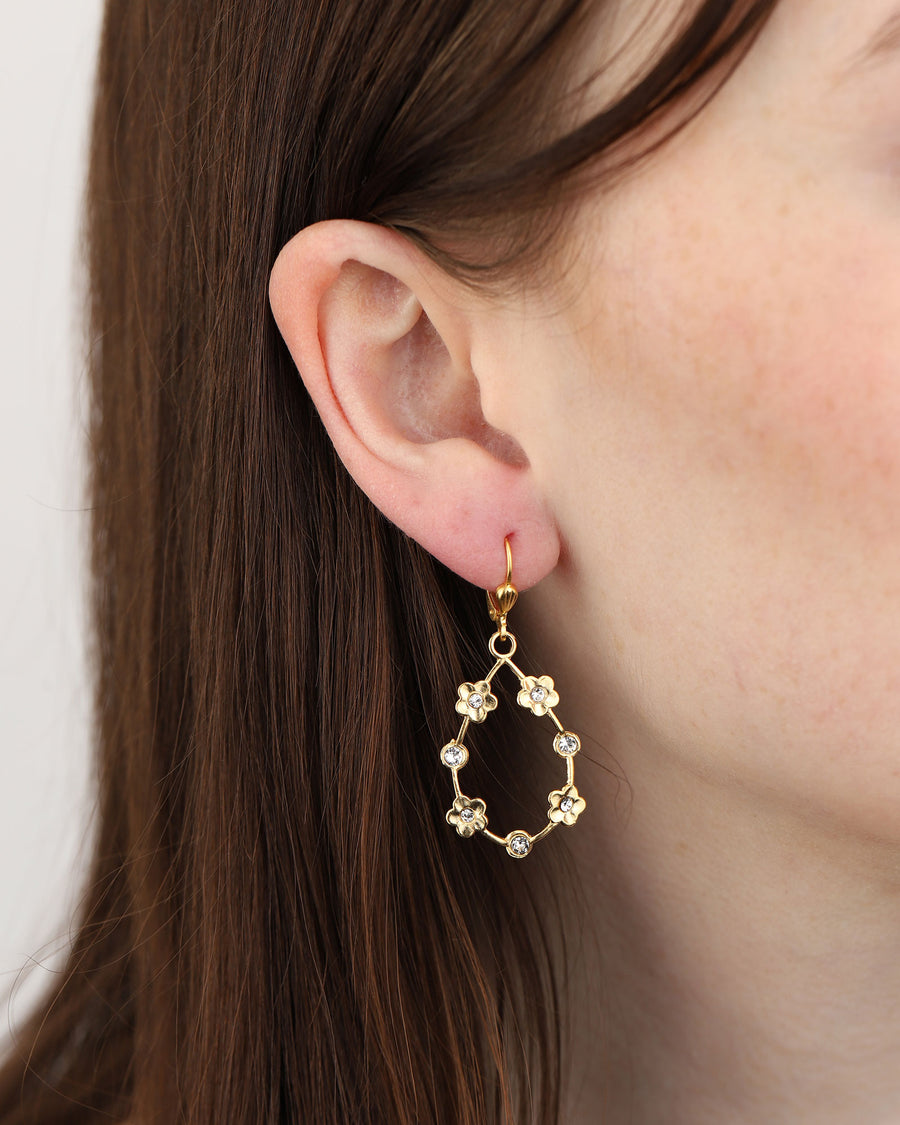 La Vie Parisienne-Open Teardrop Flower Hooks-Earrings-14k Gold Plated, White Crystal-Blue Ruby Jewellery-Vancouver Canada
