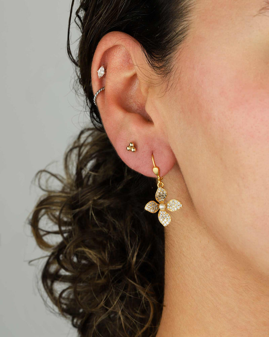 La Vie Parisienne-Pave Flower Pearl Hooks-Earrings-14k Gold Plated, White Crystal-Blue Ruby Jewellery-Vancouver Canada