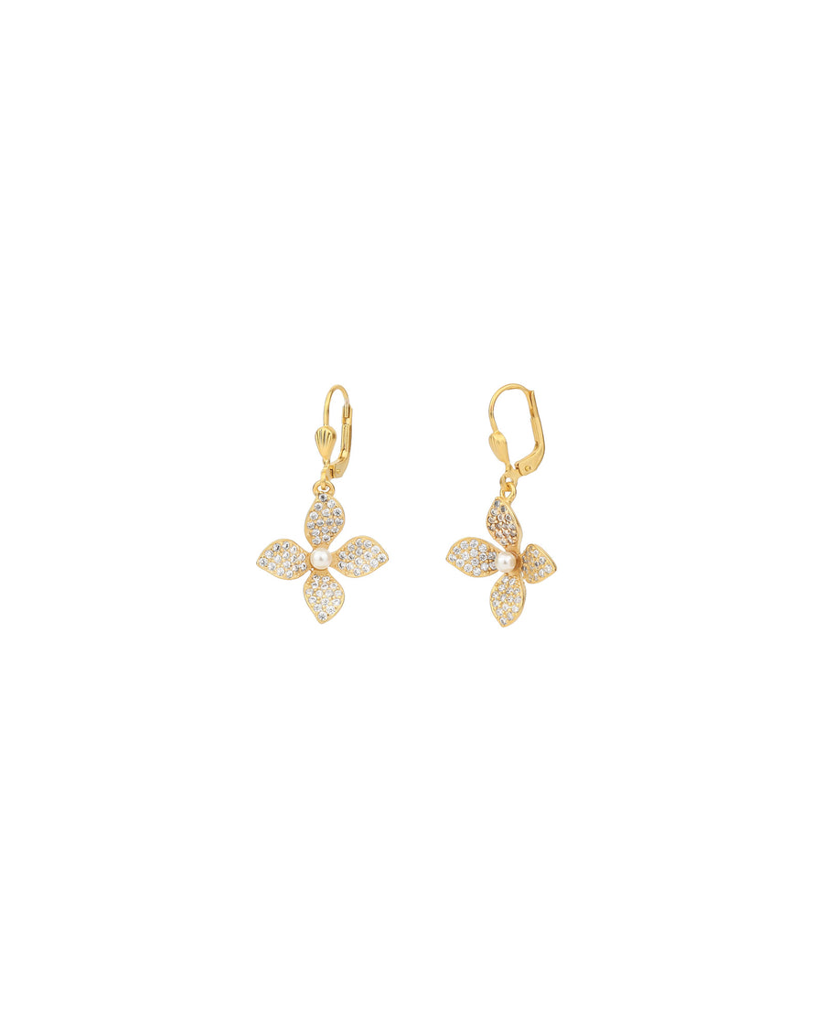 La Vie Parisienne-Pave Flower Pearl Hooks-Earrings-14k Gold Plated, White Crystal-Blue Ruby Jewellery-Vancouver Canada