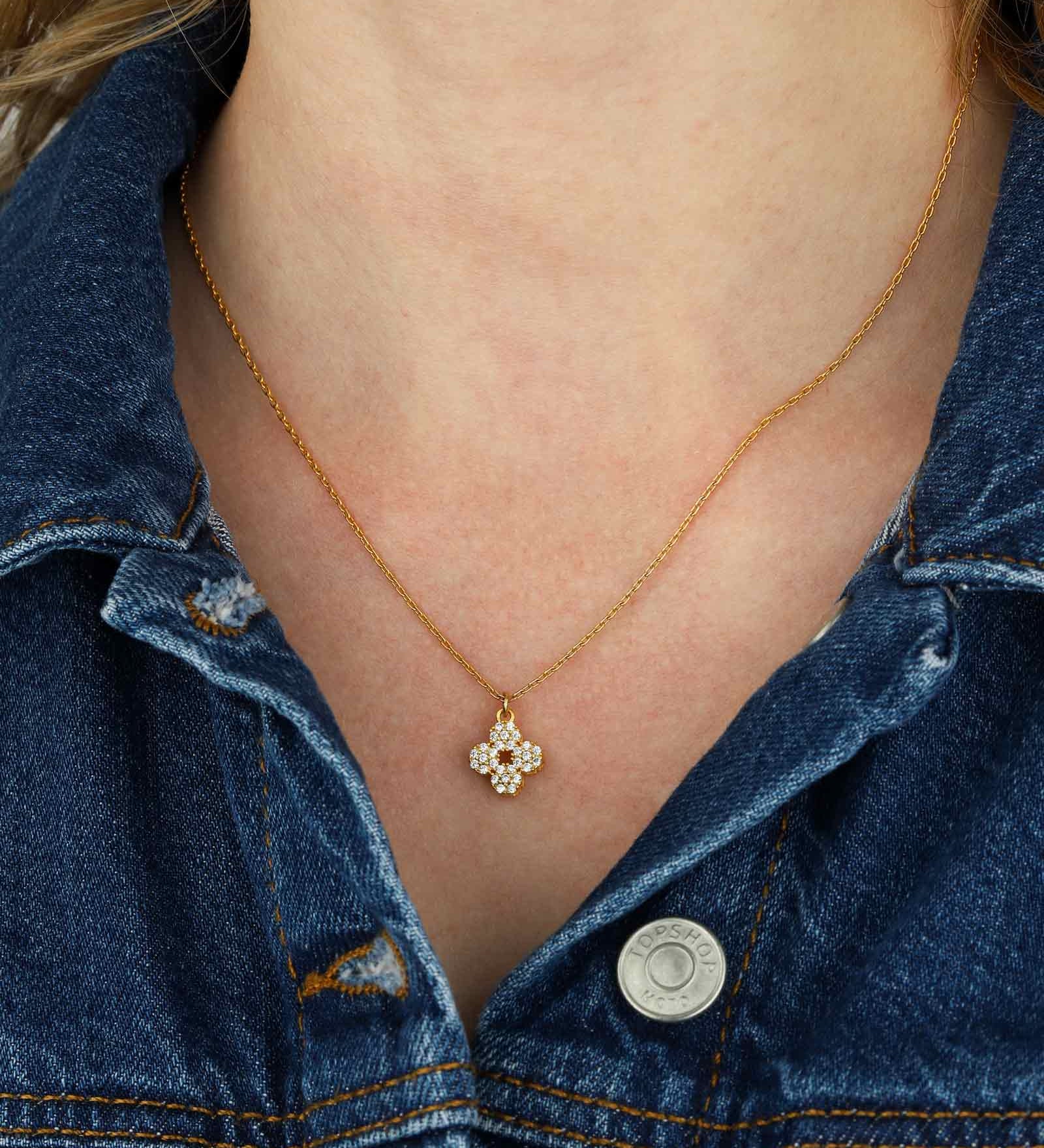 Pave Clover Necklace 14k Gold Plated, White Crystal
