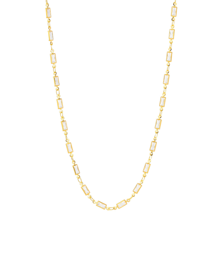 Baguette Station Necklace 14k Gold Plated, White Crystal