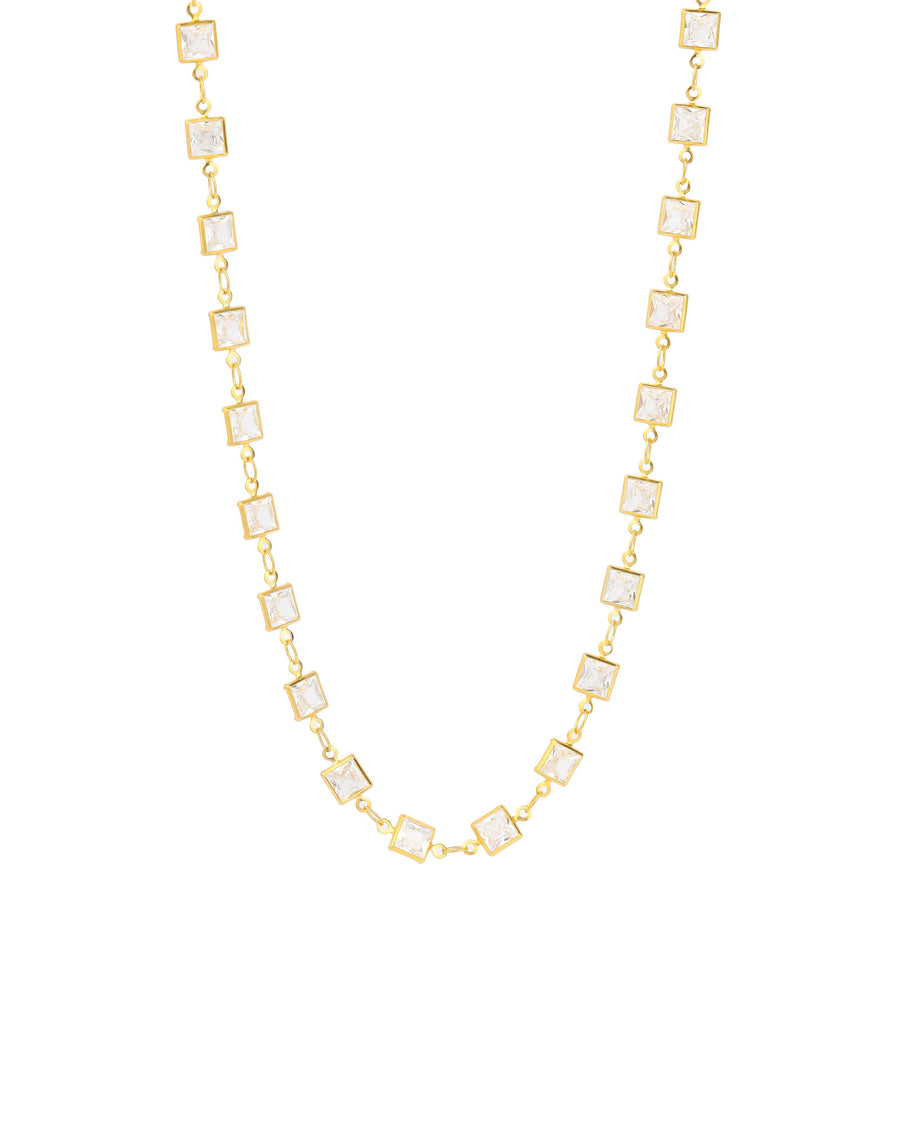 Multi Square Station Necklace 14k Gold Plated, White Crystal