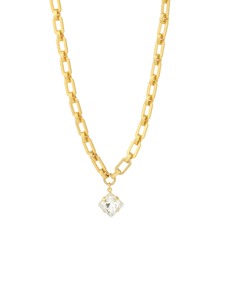 Square Crystal Drop Link Necklace 14k Gold Plated, White Crystal