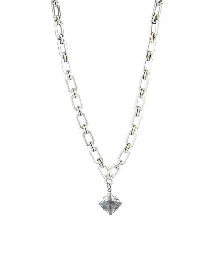 La Vie Parisienne-Square Crystal Drop Link Necklace-Necklaces-Silver Plated, White Crystal-Blue Ruby Jewellery-Vancouver Canada