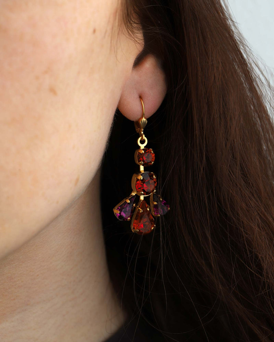La Vie Parisienne-Chandelier Hooks-Earrings-14k Gold Plated, Red Crystal-Blue Ruby Jewellery-Vancouver Canada