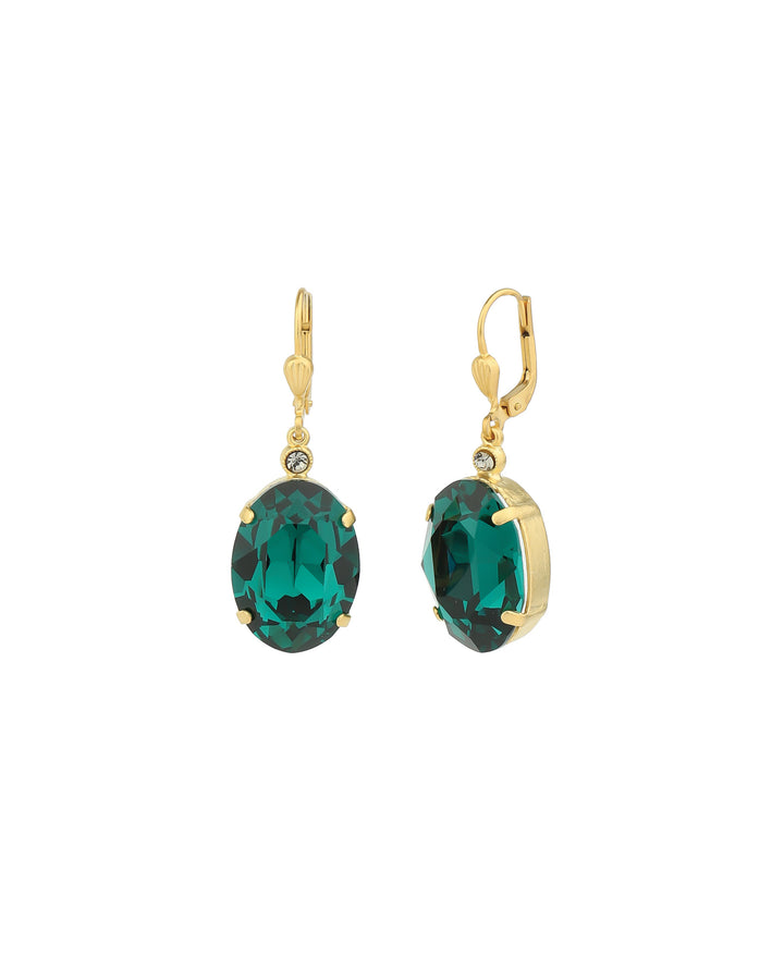 La Vie Parisienne-Oval Crystal Hooks-Earrings-14k Gold Plated, Emerald Crystal-Blue Ruby Jewellery-Vancouver Canada