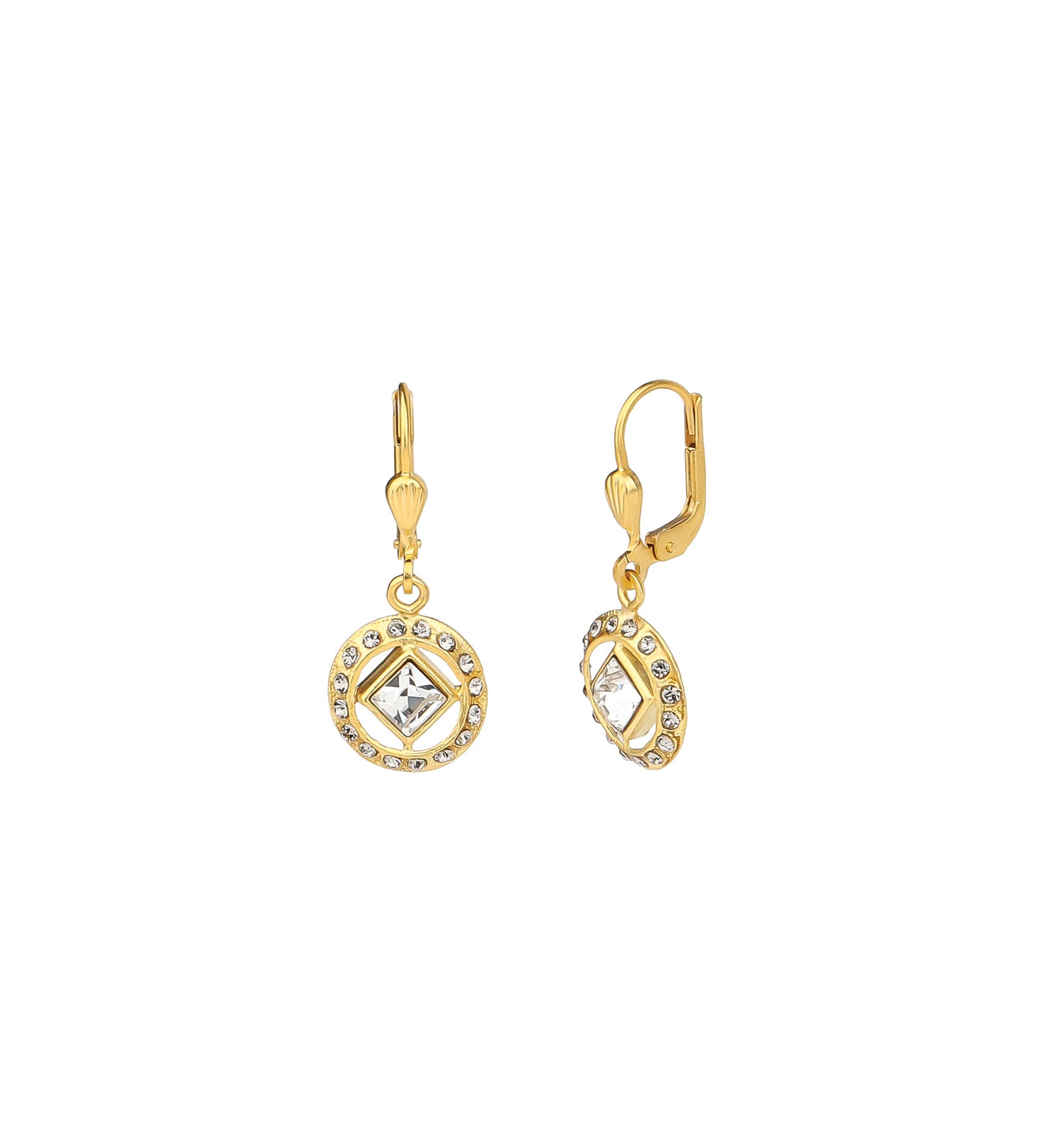 Square Crystal Halo Hooks 14k Gold Plated, White Crystal