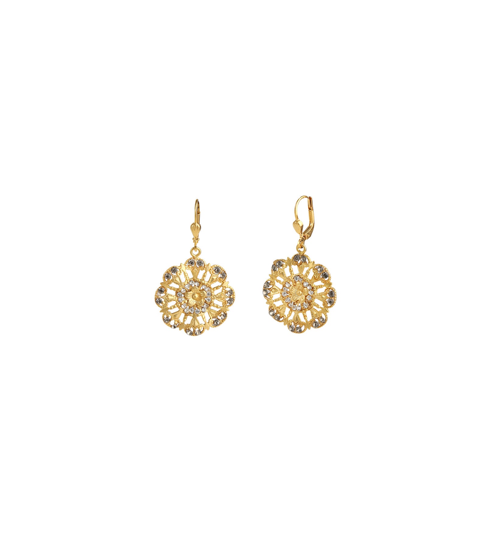 La Vie Parisienne-Small Filigree Flower Hooks-Earrings-14k Gold Plated, White Crystal-Blue Ruby Jewellery-Vancouver Canada