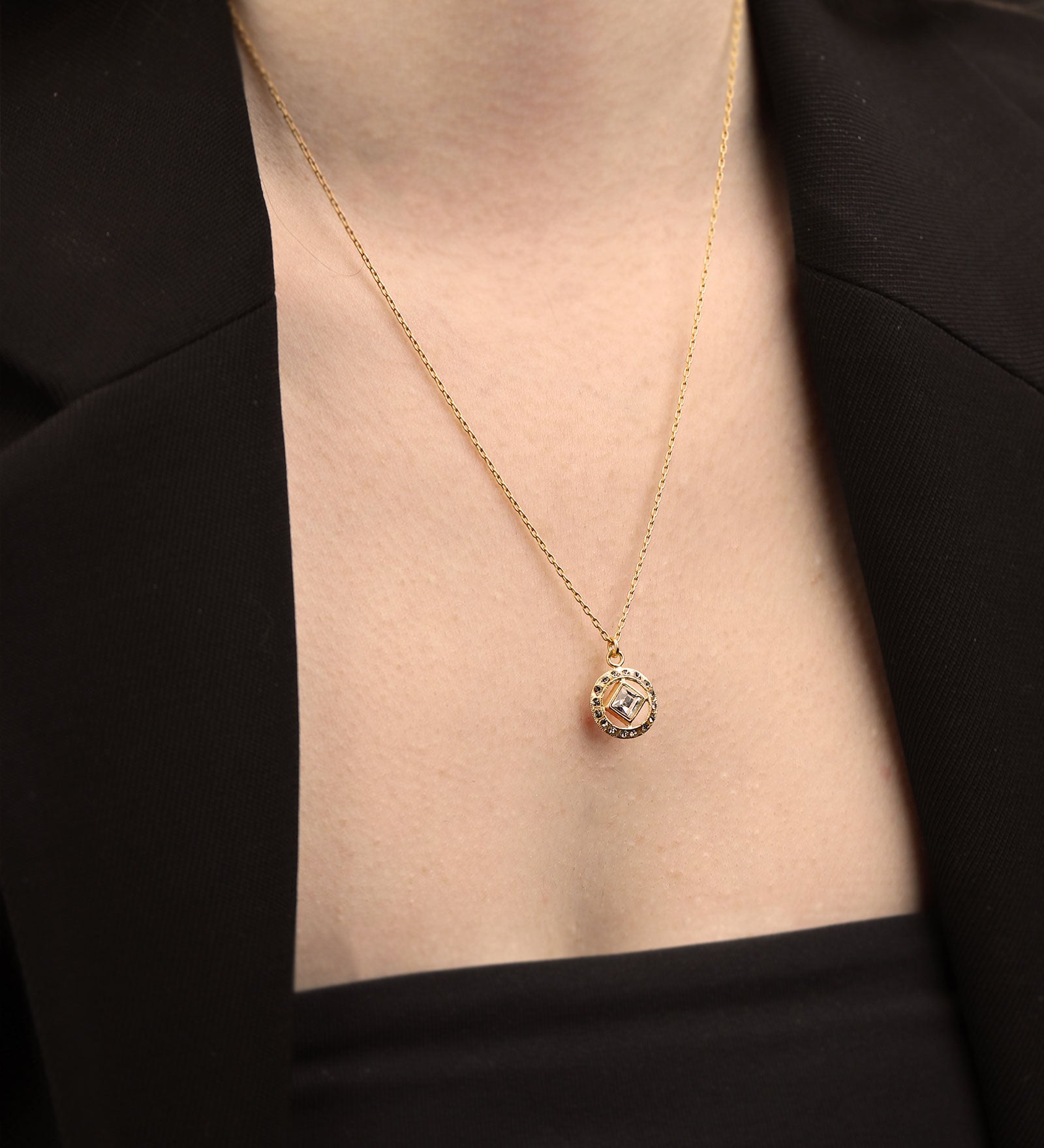 Square Crystal Halo Necklace 14k Gold Plated, White Crystal