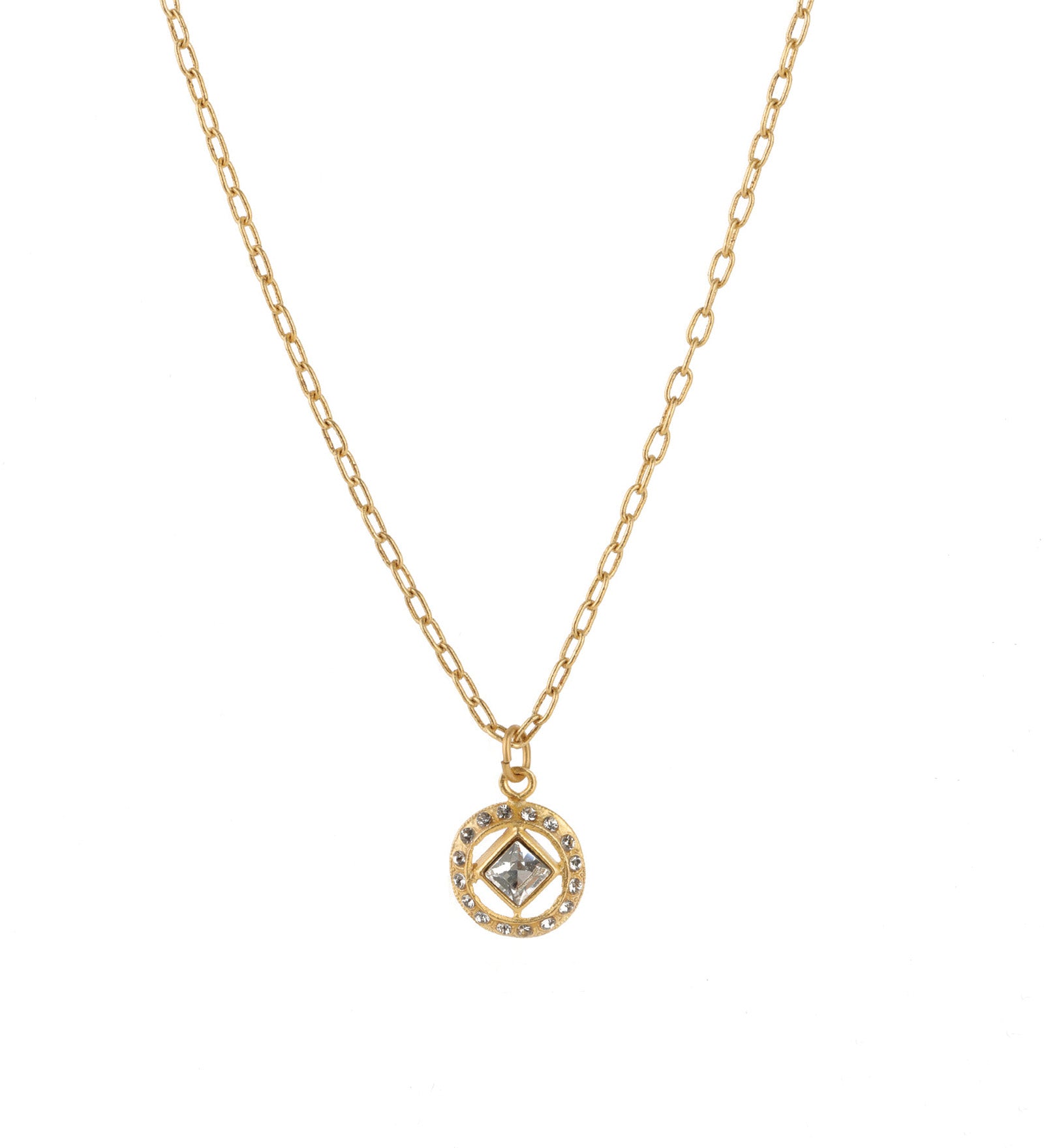 Square Crystal Halo Necklace 14k Gold Plated, White Crystal