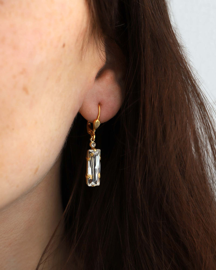La Vie Parisienne-Baguette Hooks-Earrings-14k Gold Plated, Shade Crystal-Blue Ruby Jewellery-Vancouver Canada