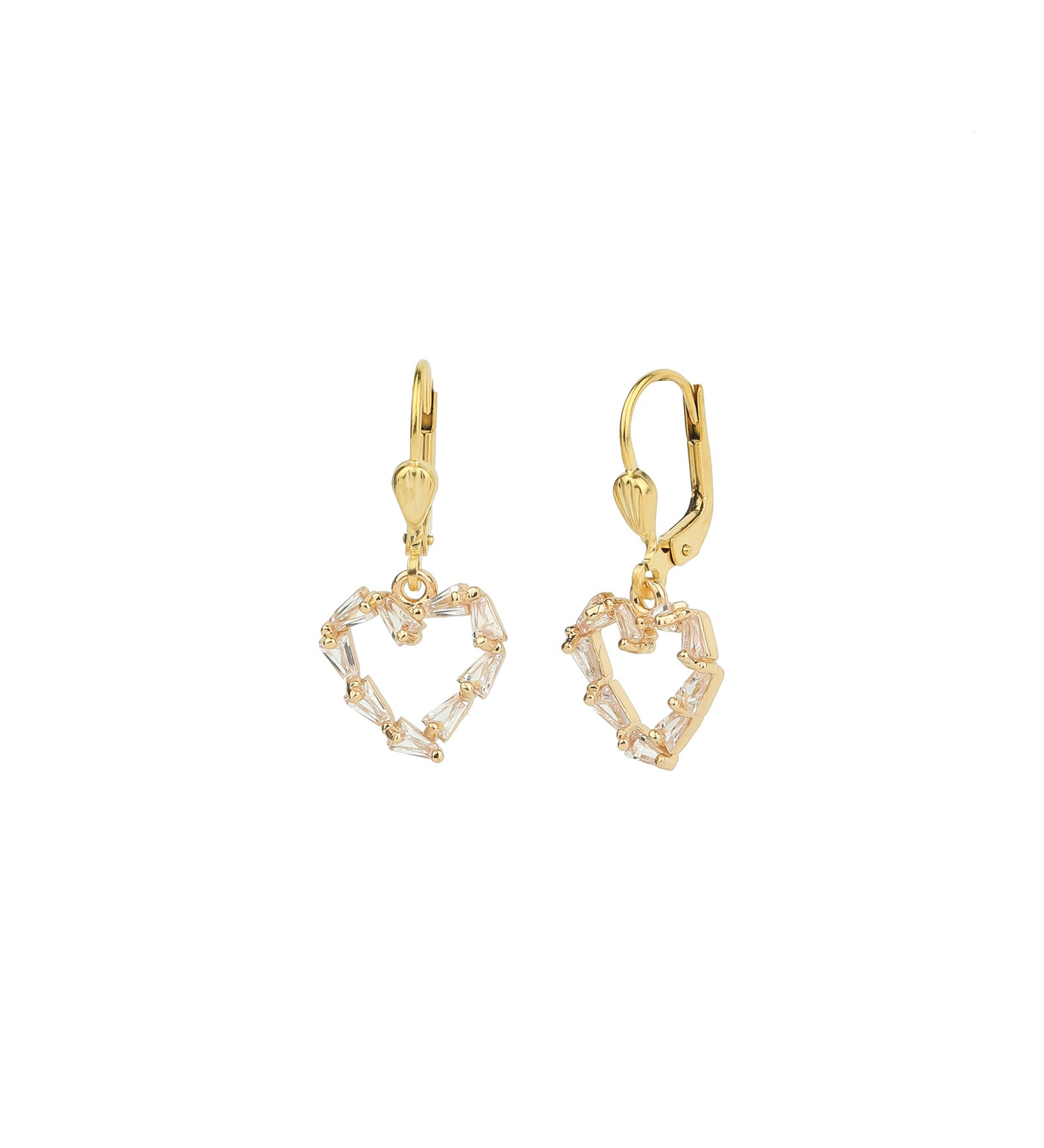 Baguette Open Heart Hooks 14k Gold Plated, White Crystal