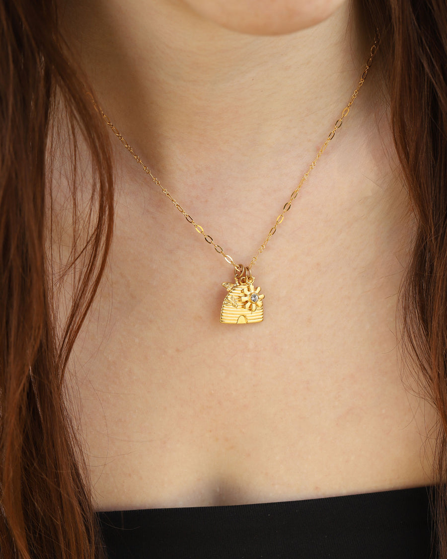 La Vie Parisienne-Beehive Charm Necklace-Necklaces-14k Gold Plated, White Crystal-Blue Ruby Jewellery-Vancouver Canada