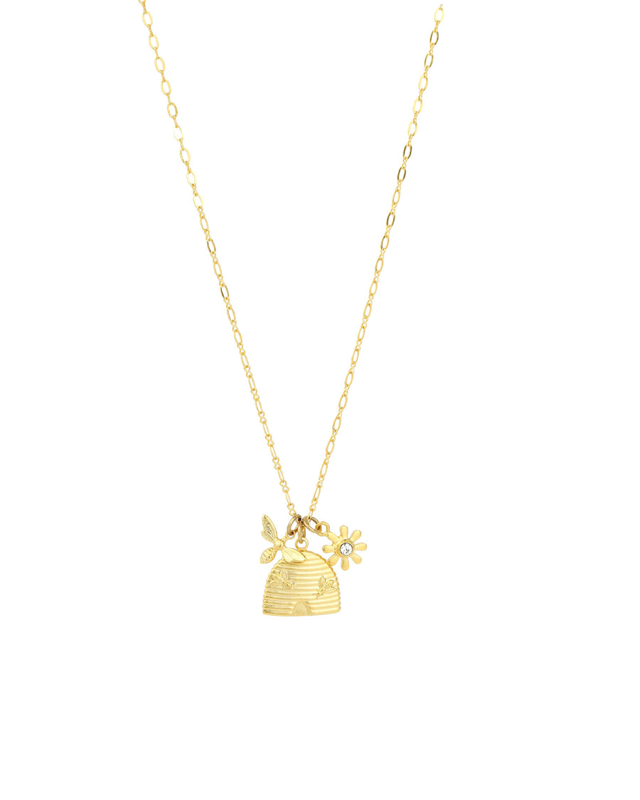 Honeycomb Charm Necklace 14k Gold Plated, White Crystal