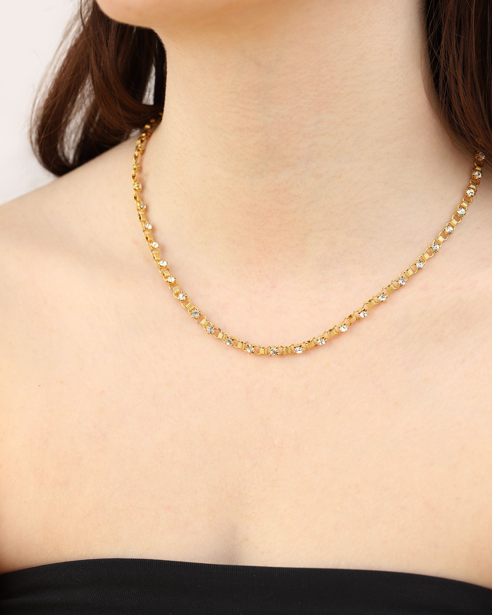 La Vie Parisienne-Crystal Small Link Necklace-Necklaces-14k Gold Plated, White Crystal-Blue Ruby Jewellery-Vancouver Canada