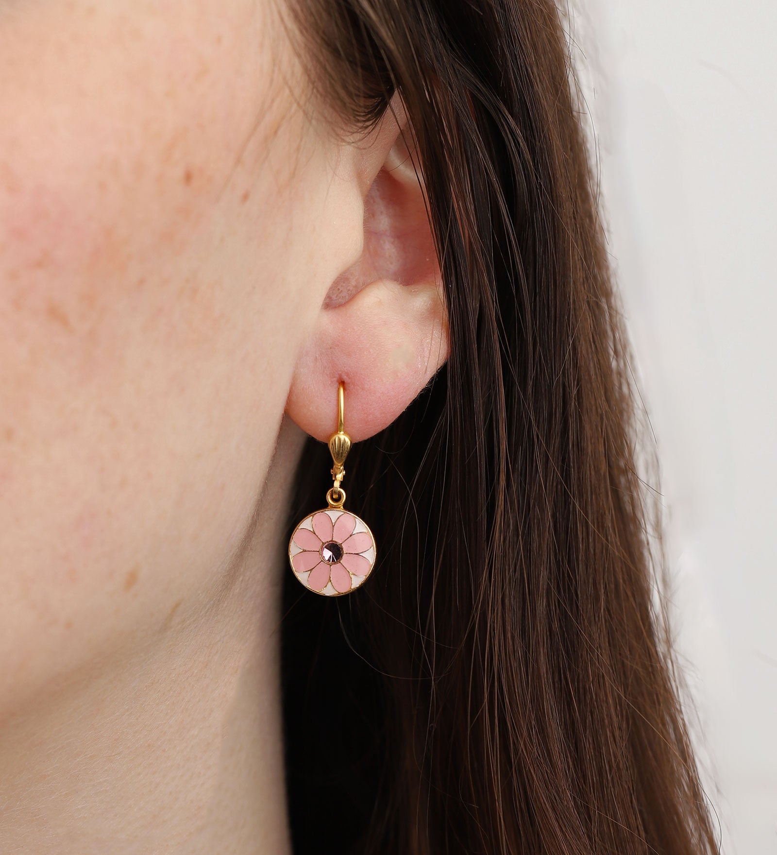 La Vie Parisienne-Flower Enamel Disc Hooks-Earrings-14k Gold Plated, Pink Enamel-Blue Ruby Jewellery-Vancouver Canada