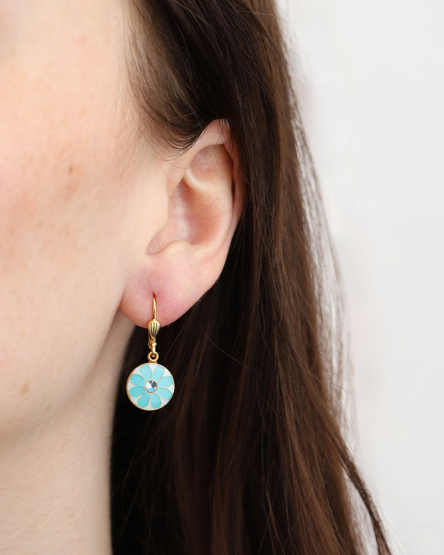 La Vie Parisienne-Flower Enamel Disc Hooks-Earrings-14k Gold Plated, Sky Enamel-Blue Ruby Jewellery-Vancouver Canada