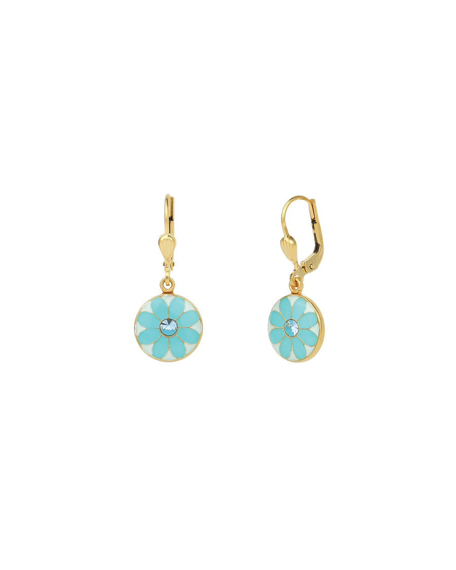 La Vie Parisienne-Flower Enamel Disc Hooks-Earrings-14k Gold Plated, Sky Enamel-Blue Ruby Jewellery-Vancouver Canada