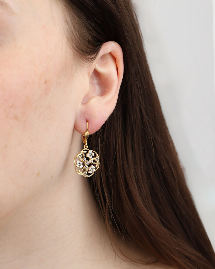 La Vie Parisienne-Enamel Filigree Flower Crystal Hooks-Earrings-14k Gold Plated, White Enamel-Blue Ruby Jewellery-Vancouver Canada